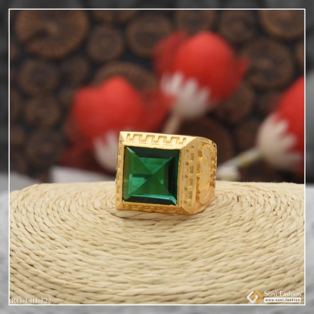 1 Gram Gold Plated Green Stone Fashionable Design Ring for Men - Style B122