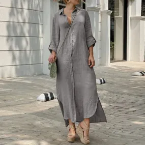 DressBetty - 2024 Vintage Solid Tunicas Lapel Button Up Boho Maxi Dress