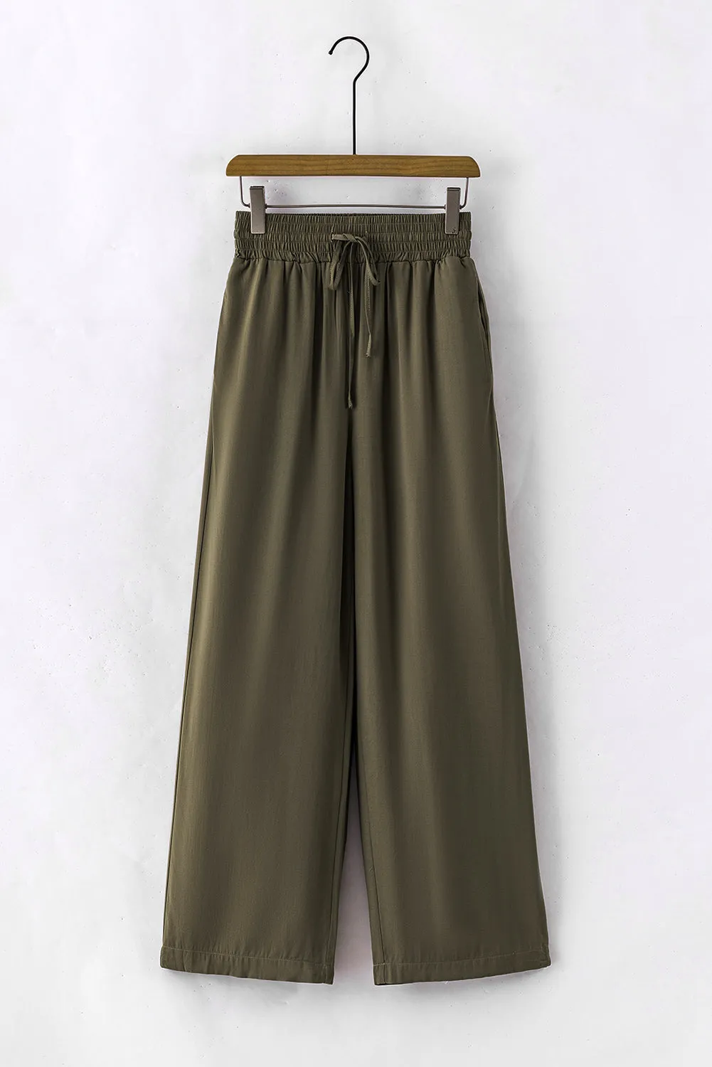 Green Brown Drawstring Elastic Waist Casual Wide Leg Pants