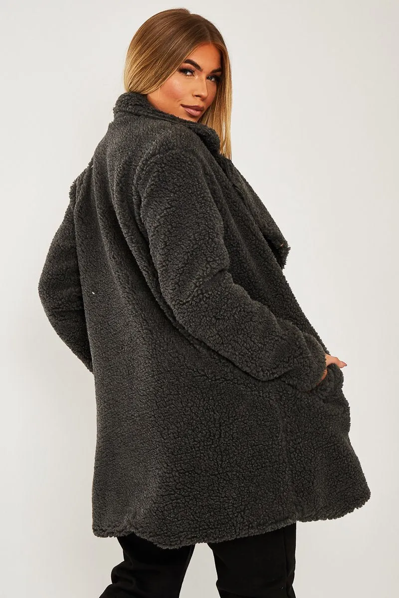 Grey Double Breasted Button Front Teddy Coat - Maizee