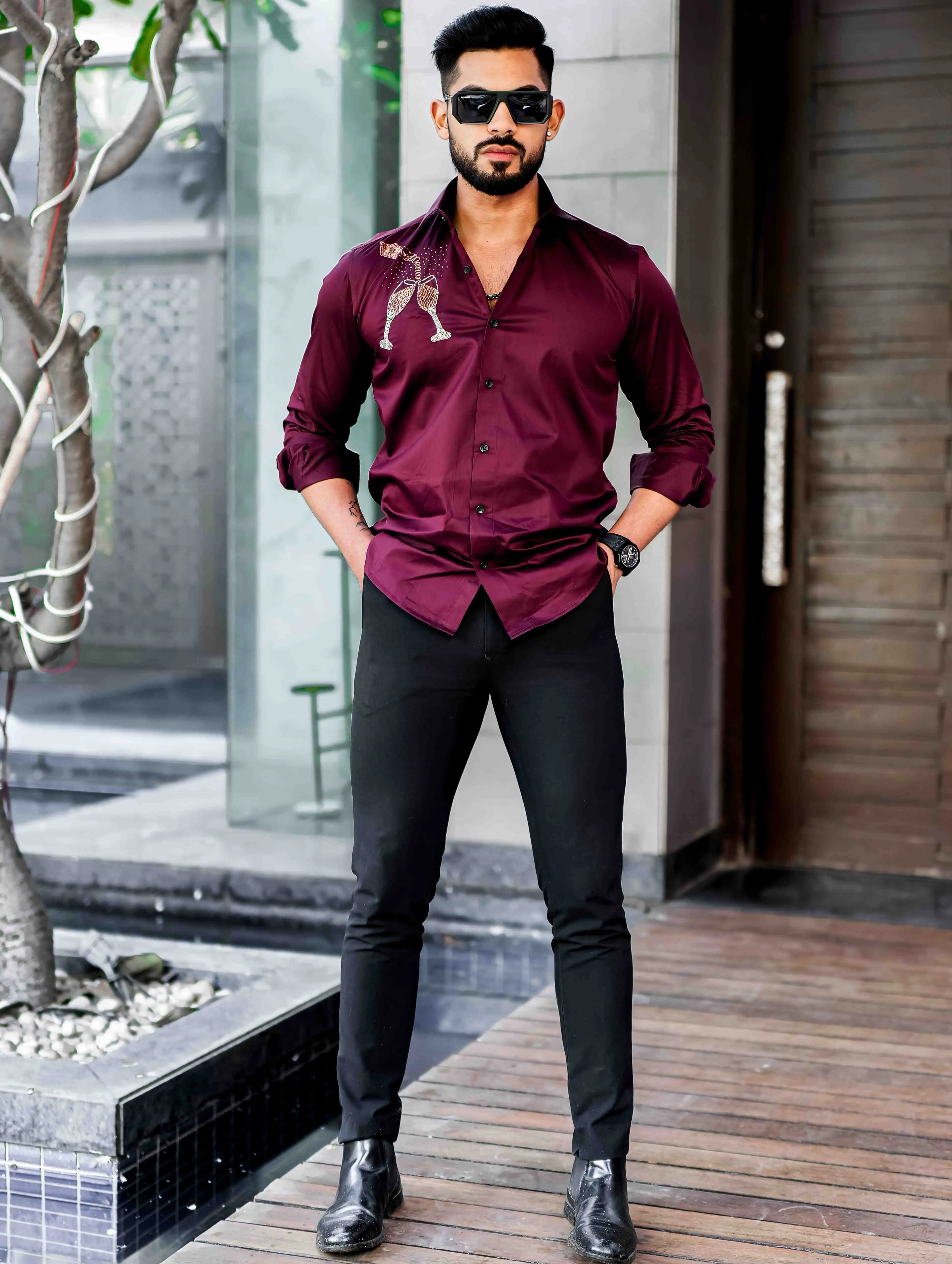 Maroon Rhinestone Hand Work Satin Cotton Premium Shirt