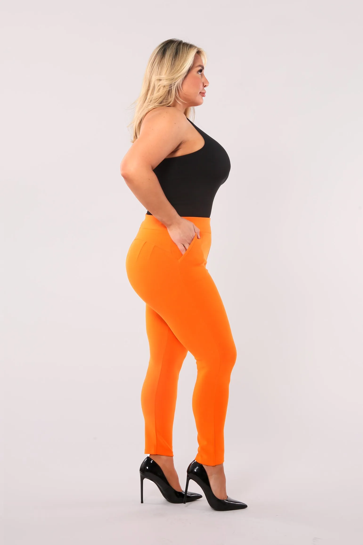 Plus Size Tummy Control Sculpting Treggings - Orange