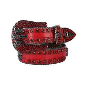 Rhinestone Skull Buckle Red Studded Belt