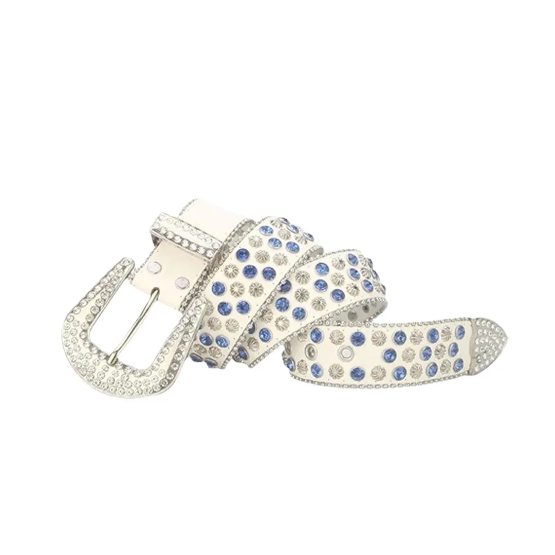 Rhinestone White Strap With White & Blue Studded Belt