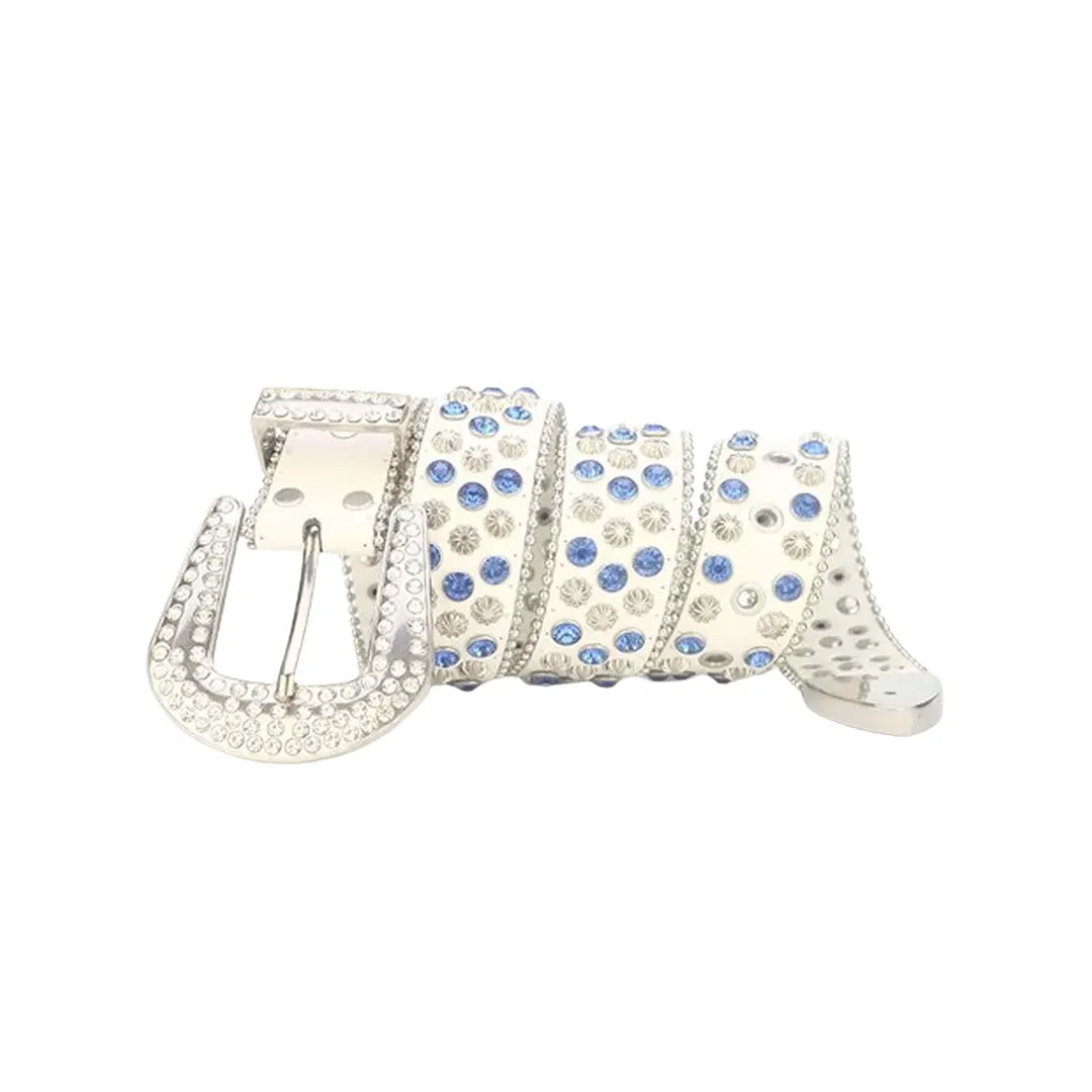 Rhinestone White Strap With White & Blue Studded Belt