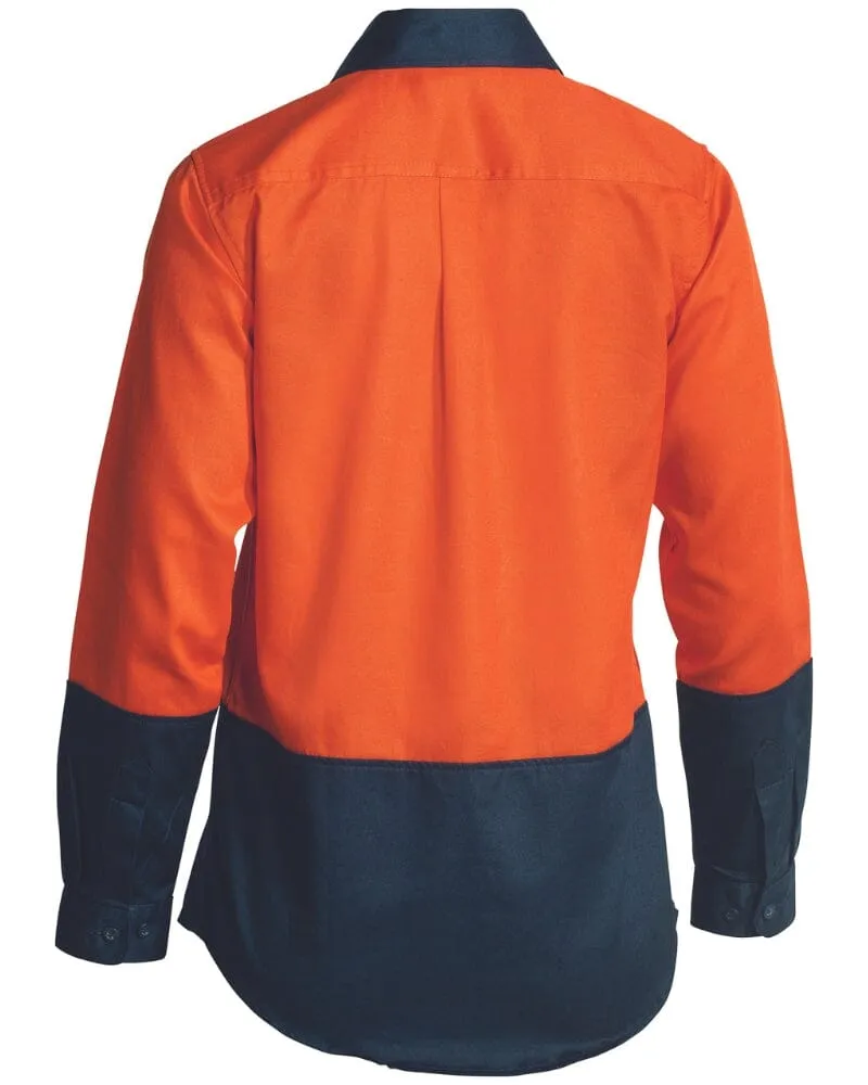 Womens Hi Vis Long Sleeve Drill Shirt - Orange/Navy